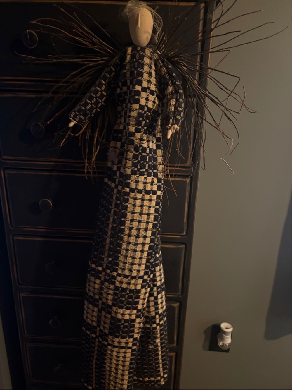 Handcrafted Navy and Cream Plaid Angel Wall Accent by